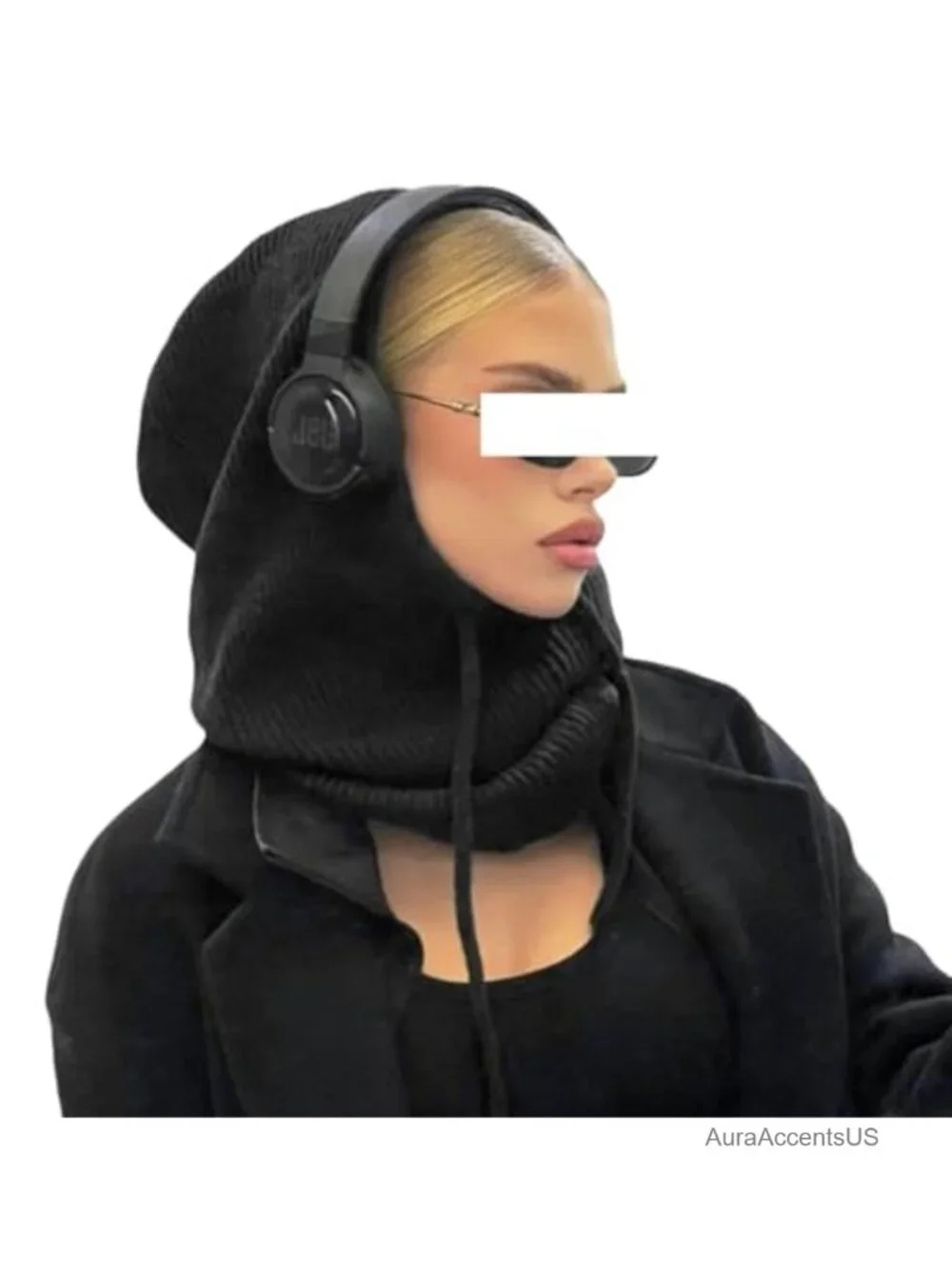 Women's Cute Knitted Balaclava Hooded Scarf Windproof Winter Drawstring Skull